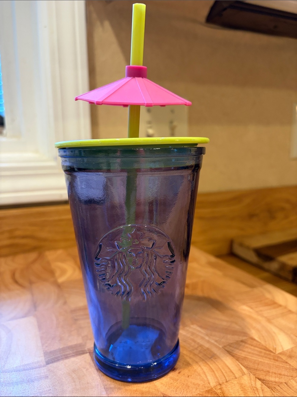 Starbucks Logo Hawaii Blue Glass Tall Cold Cup Tumbler Umbrella Straw